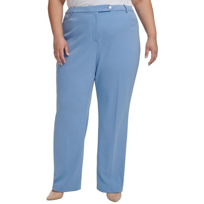 Calvin Klein Plus Size Mid-Rise Straight Leg Buttoned-Tab Pants in Blue