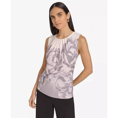 Calvin Klein Women's Printed Pleated-Neck Sleeveless Top in Gray Multi