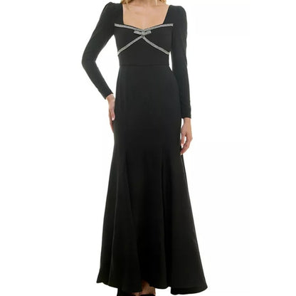 Taylor Women's Rhinestone-Trim Long-Sleeve Gown in Black