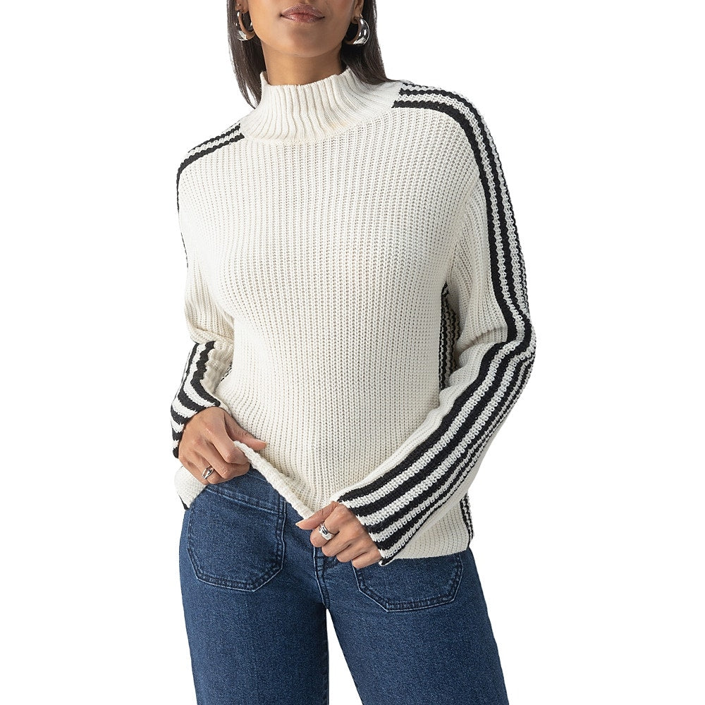 Sanctuary Women's Striped Mock-Neck Long-Sleeve Sweater in Black Chalk Multi
