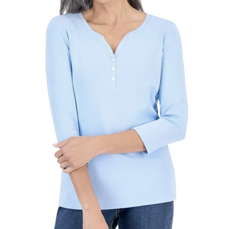 Style & Co. Plus Size 3/4-Sleeve Henley Top in Pale Hydrangea Blue
