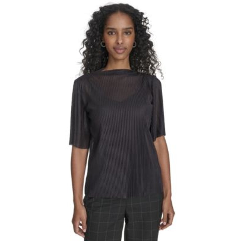 Calvin Klein Women's Mesh Elbow-Sleeve High Neck Top in Black