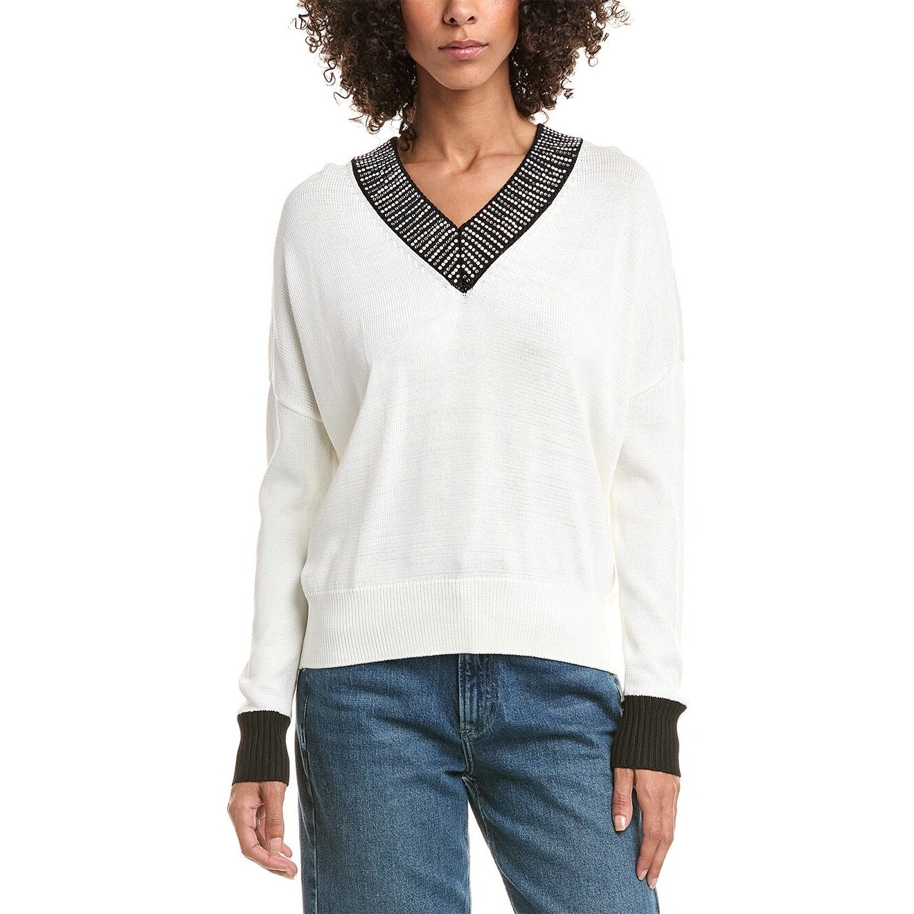 KARL LAGERFELD Embellished V-Neck Sweater in White & Black