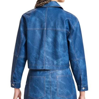 Bar III Women's Faux-Leather Denim-Finish Trucker Jacket in Cadet Dusk Blue