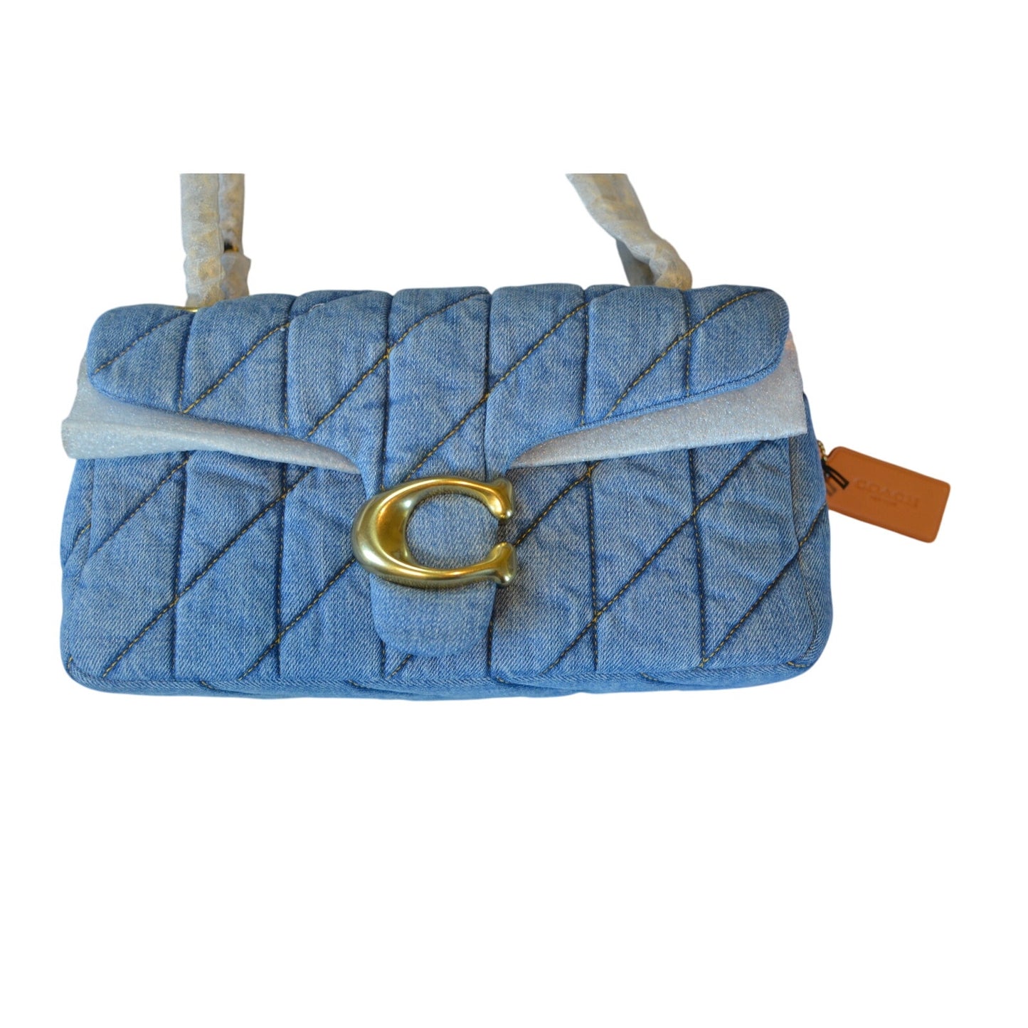 COACH Women's "Tabby 26" Quilted Denim Shoulder Bag in Brass & Indigo Blue