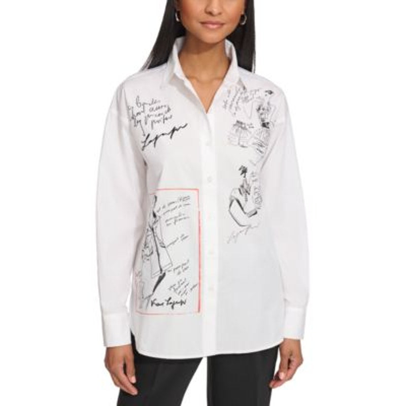 KARL LAGERFELD PARIS Women's Sketch-Graphic Button-Up Top in Poplin White