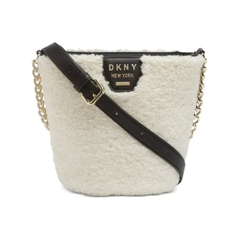 DKNY Ivory & Black Sherpa Crossbody Bag, Gold Hardware, Black Leather, NWT!