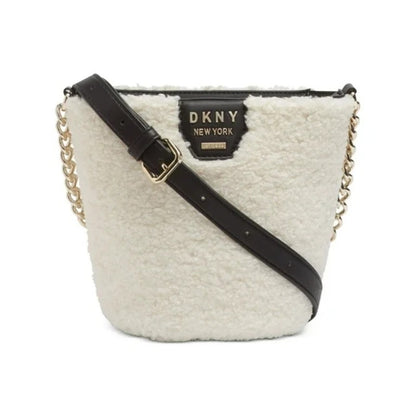 DKNY Ivory & Black Sherpa Crossbody Bag, Gold Hardware, Black Leather, NWT!