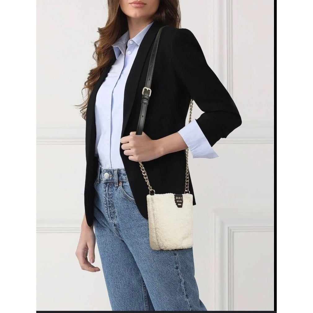 DKNY Ivory & Black Sherpa Crossbody Bag, Gold Hardware, Black Leather, NWT!