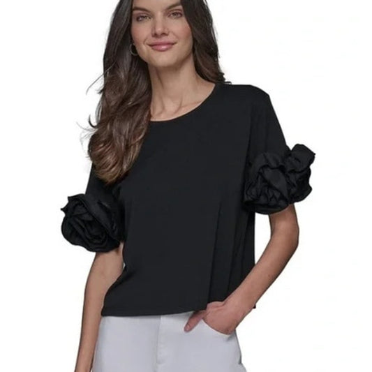 Karl Lagerfeld Paris Women's 3D Floral-Sleeve Top in Black
