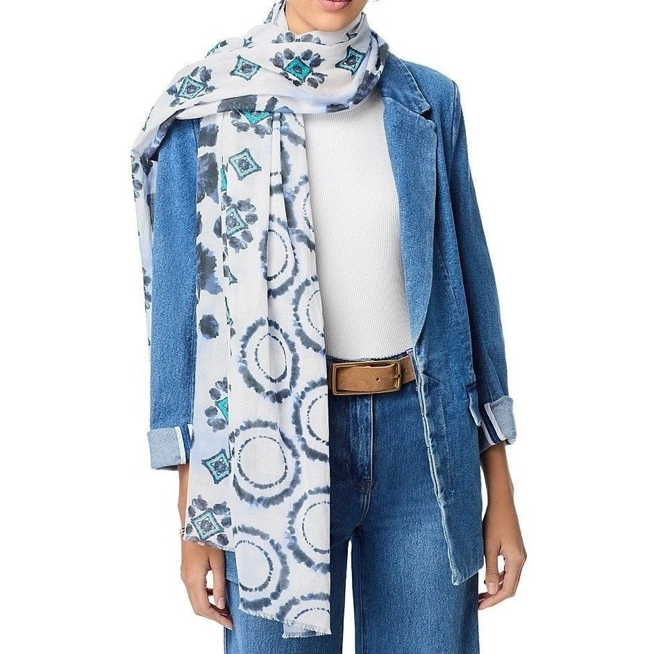 Echo Batik Patch Scarf Wrap White and Blue Print