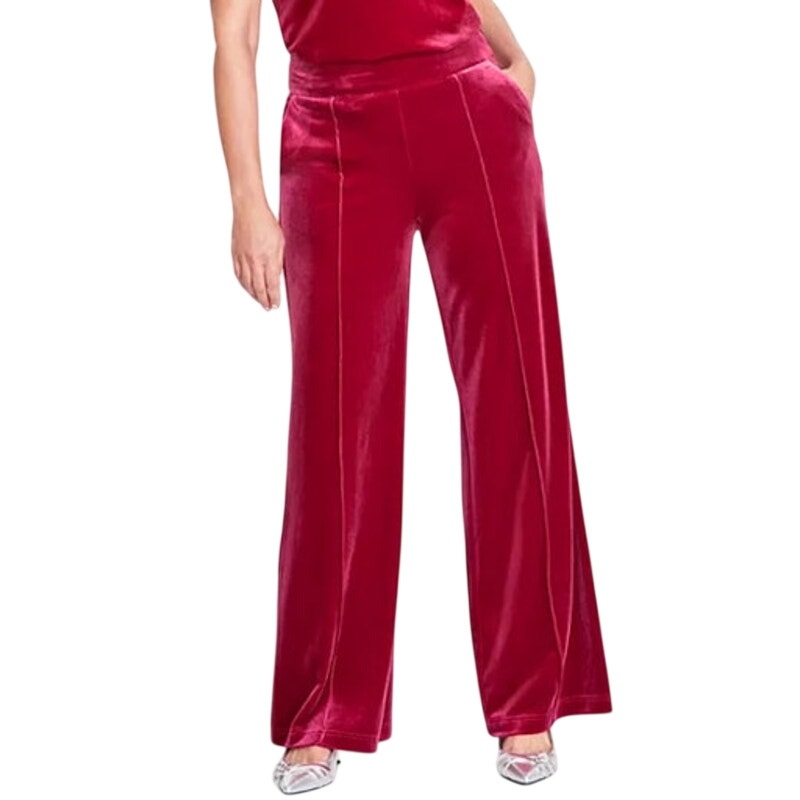 INC International Concepts Women's High-Rise Velvet Wide-Leg in Autumn Crimson