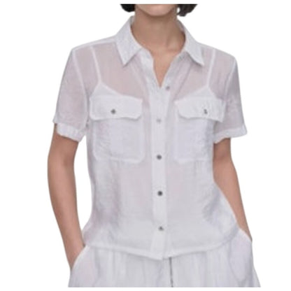 DKNY Women's Short-Sleeve Button-Front Top in White