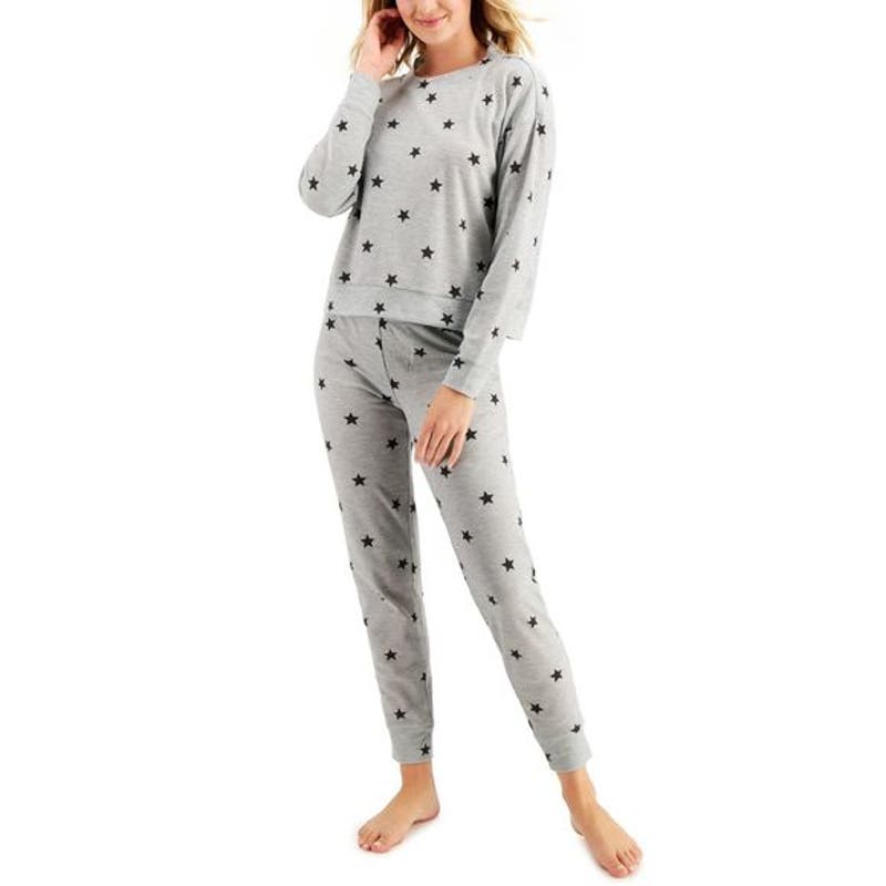 Jenni Women's Gray & Black Waffle Knit Star Print Pajama Set, Size Small