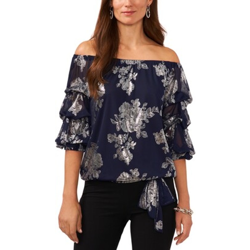 MSK Women's Floral Print Off-the-Shoulder Blouse in Navy Blue & Silver