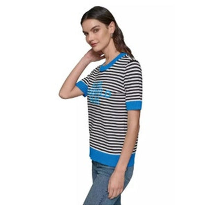 KARL LAGERFELD PARIS Women's Striped Sweater in Soft White & French Blue