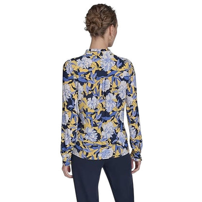 Tommy Hilfiger Women's Floral Print Ruffled Placket Long Sleeve Top in Blue
