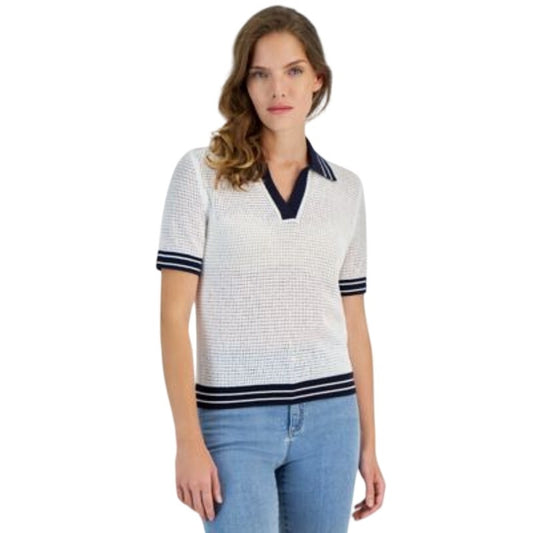 Nautica Jeans Women's Johnny-Collar Short Sleeve Top in Bright White