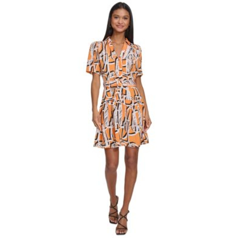 KARL LAGERFELD PARIS Women's Printed Belted A-Line Mini Dress in Tangerine Black