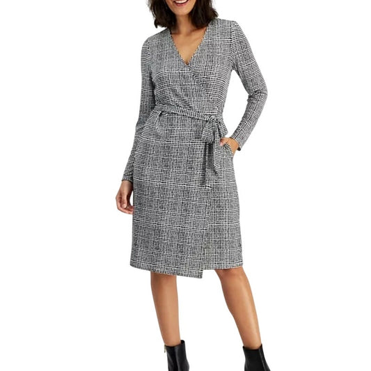 INC International Concepts Women's Grid-Print Regan Wrap Dress in White Black