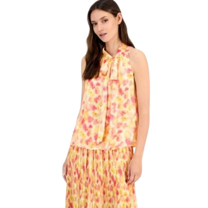 Hugo Boss Satin Halter Top w/ Neck Tie Multi Floral in Celuni Orange