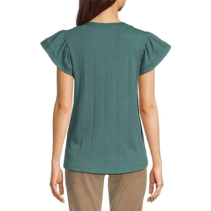 Democracy Ribbed Split V-Neck Cap Sleeve Shirttail Hem Top in Posy Green