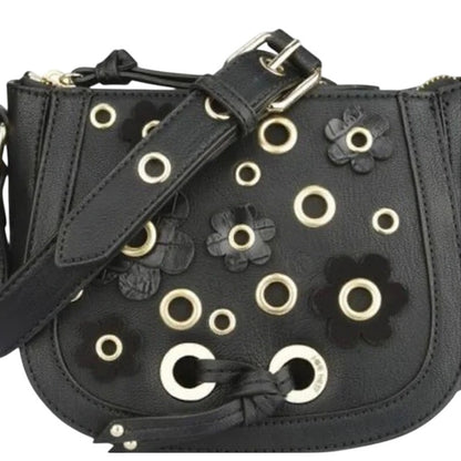 Nine West Black Leather Floral “Evelina” Saddle Bag, Gold Eyelet Details, NWT!