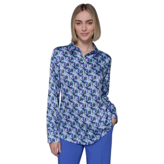 KARL LAGERFELD PARIS Women's Logo-Print Button-Up Top in Azure Blue