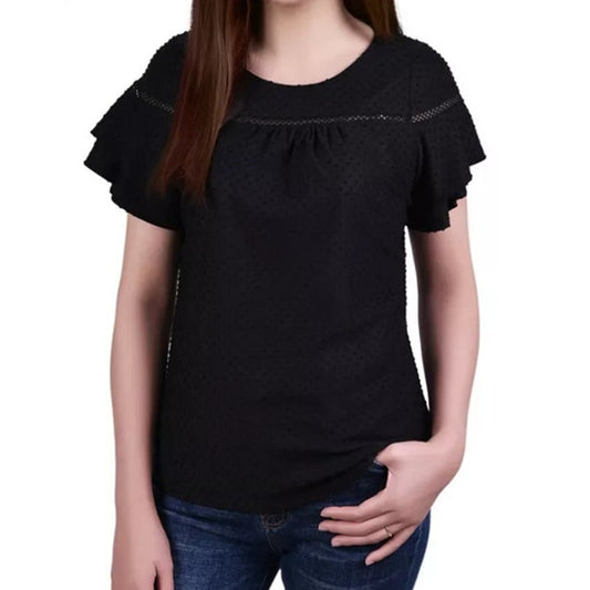 NY Collection Women's Petite Short Sleeve Texture Polka Dot Top in Black