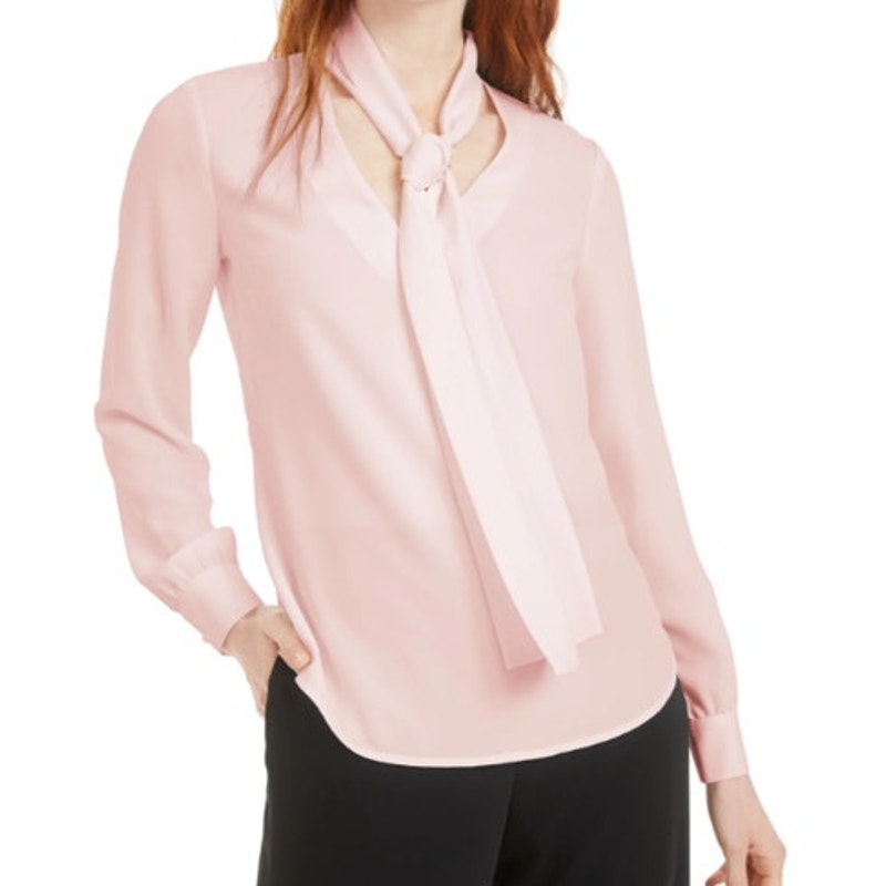 Bar III Women's Tie-Neck Long-Sleeve Button Up Top in Rosebud Pink