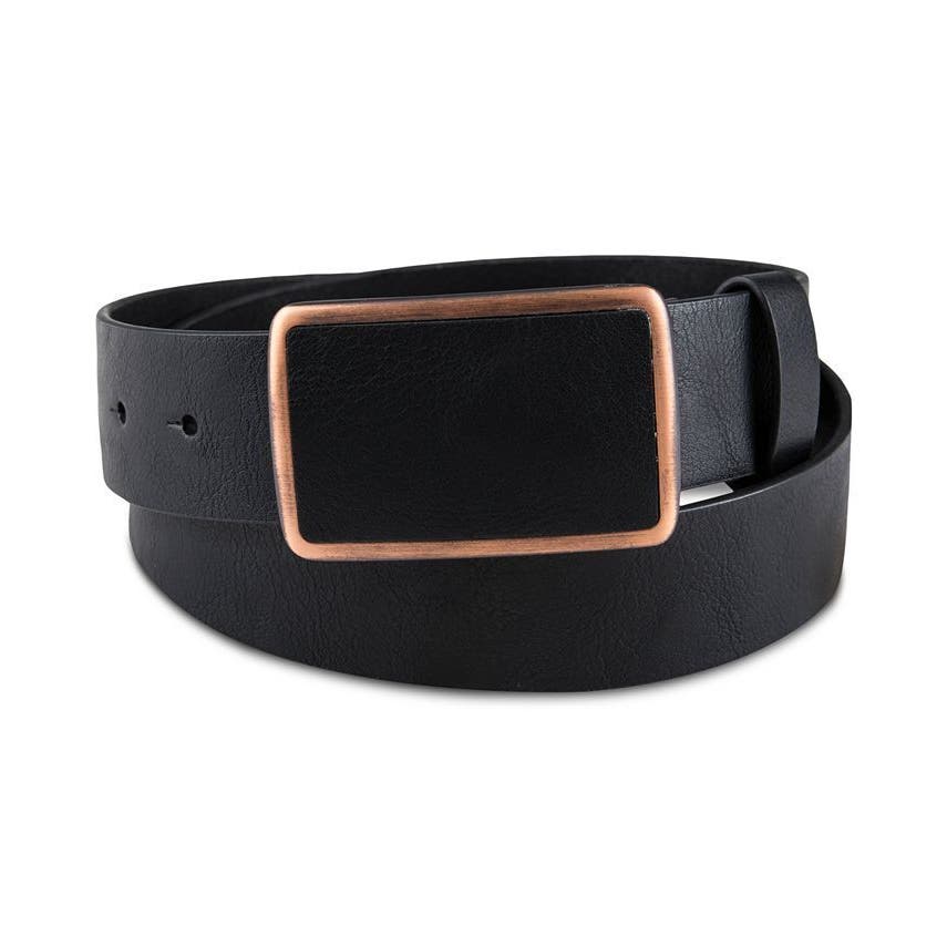 SUN + STONE Men's Bonded Leather Plaque Buckle Belt Black, Size Medium 34-36