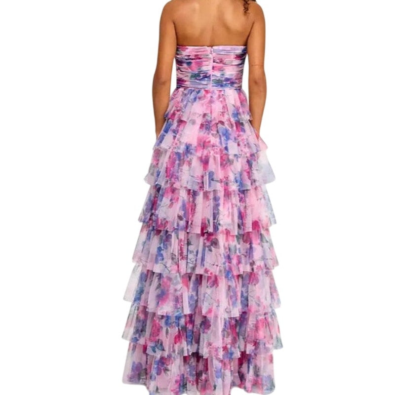 BCX Strapless Tulle Ruffled Maxi Dress in Pink & Blue Floral Print