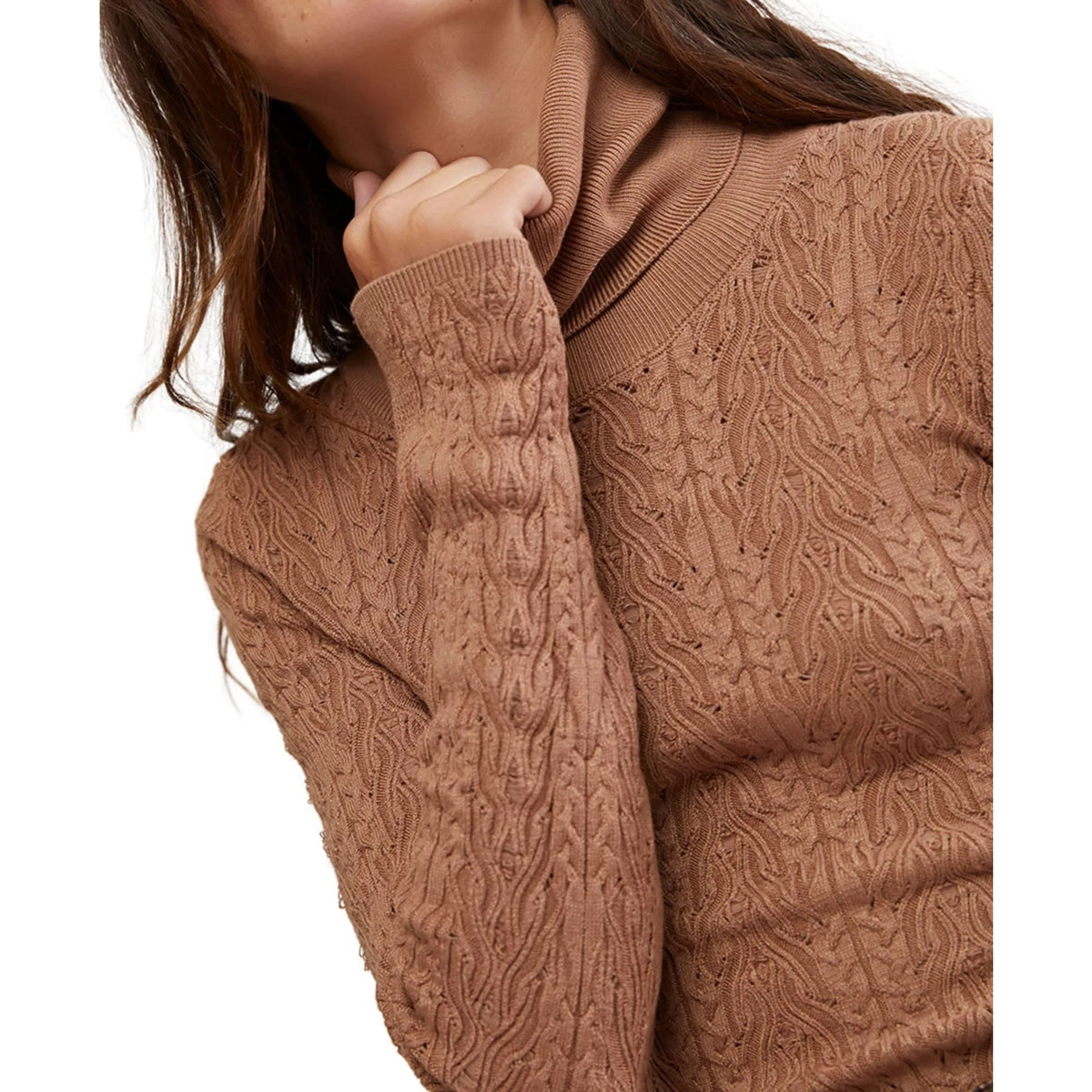 Free People Women's Maddie Cable-Knit Turtleneck Sweater in Cafe Latte