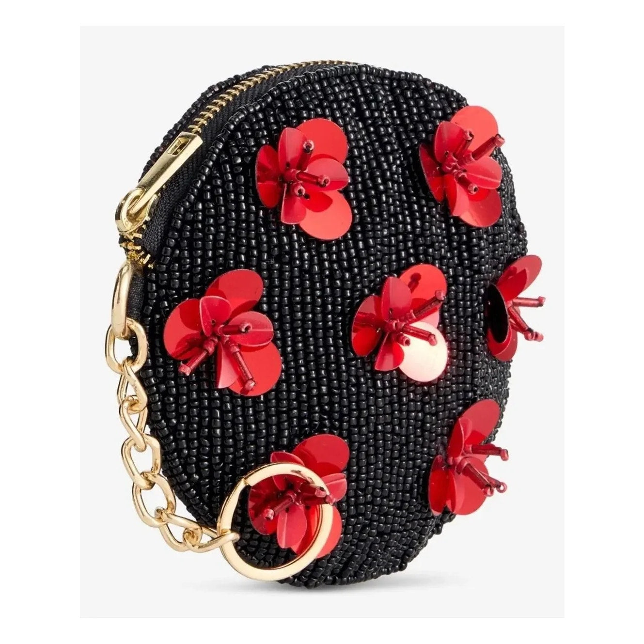 On 34th Black Red Floral Hand Beaded Round Coin Purse