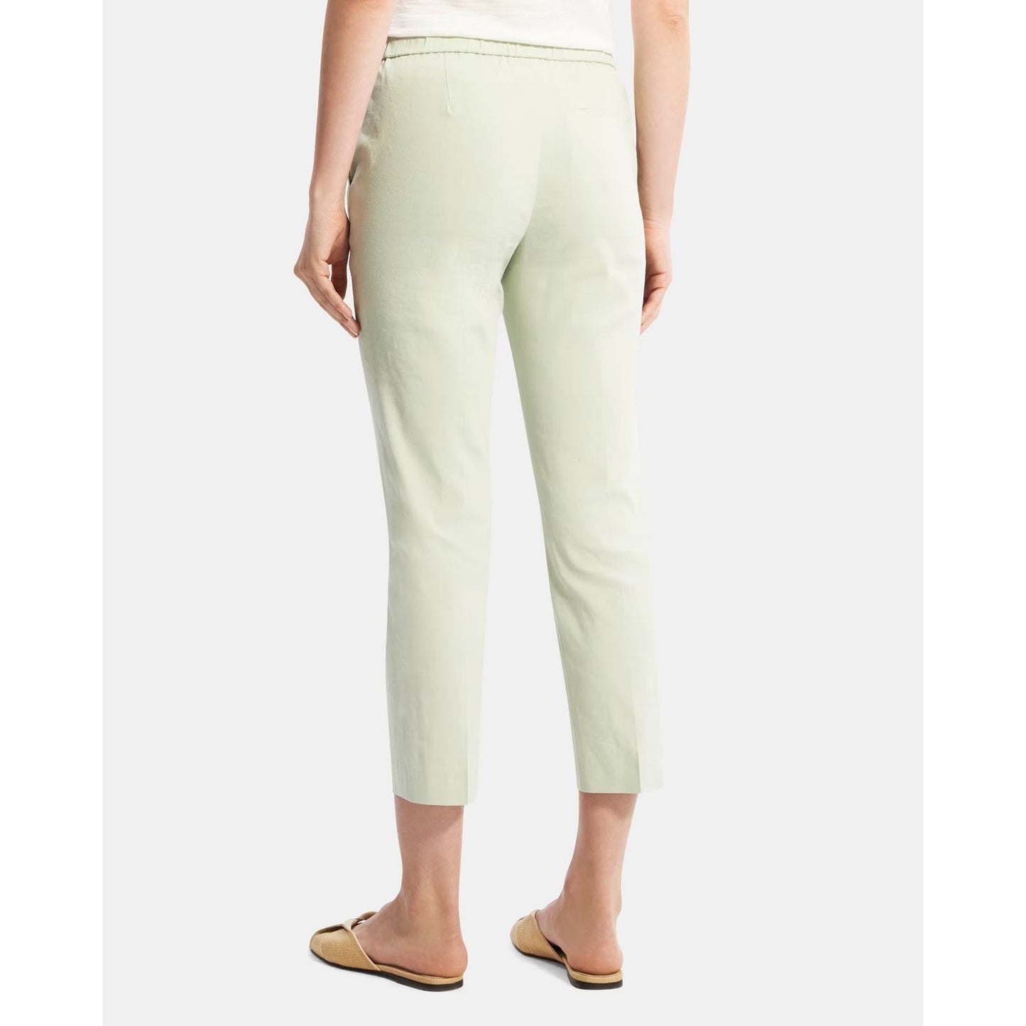 Theory Slim Cropped Pull-On Pant in Stretch Linen In Mint, Size 30