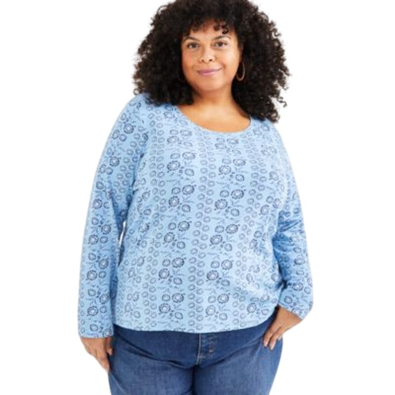 Style & Co. Plus Size Printed Scoop-Neck Long-Sleeve Top Floral Hydrangea Blue