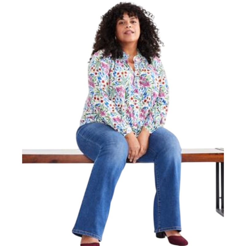 Style & Co. Plus Size Pleated Mandarin-Collar Blouse in Dainty Blooms Multi
