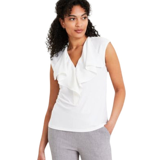 Kasper Women's Petite Sleeveless Ruffled V-Neck Top in Vanilla Ice White