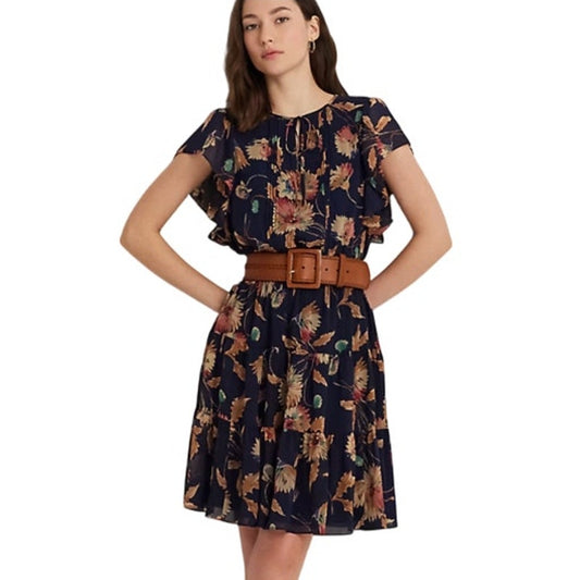Lauren Ralph Lauren Women's Floral Crinkle Georgette Dress in Navy Blue & Orange