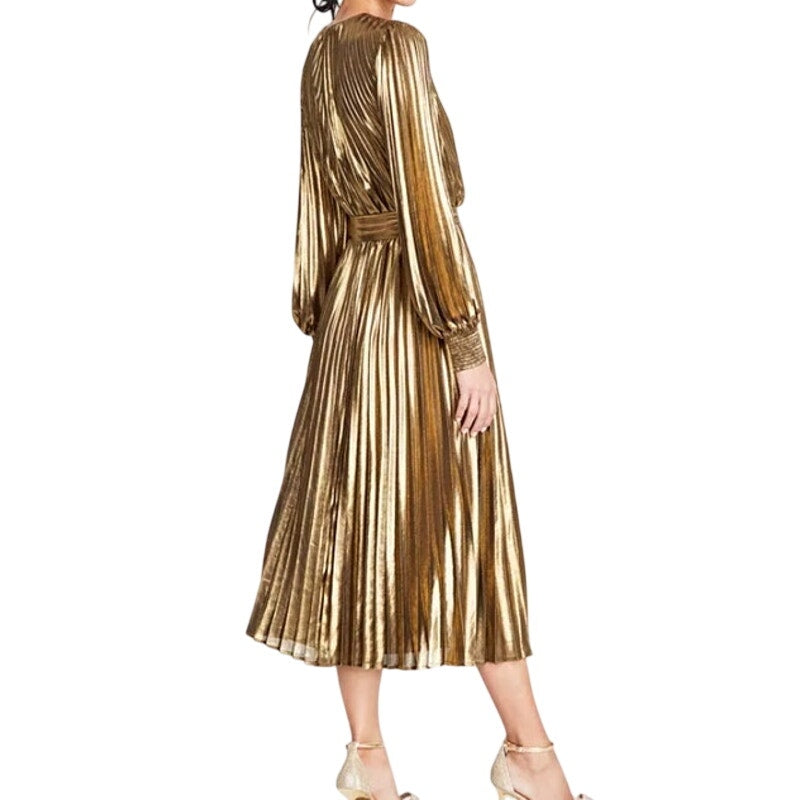 INC International Concepts Women's Metallic Pleated Midi Dress in Gold