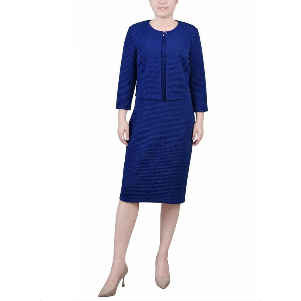 NY Collection Women's Petite Textured Dress & Jacket Set in "Surf the Web" Blue
