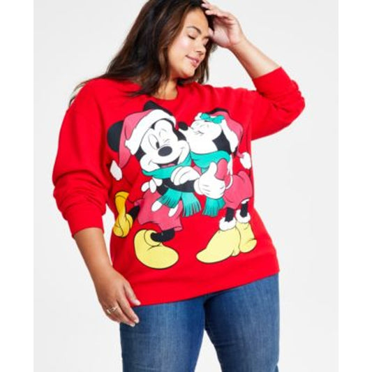 Disney Juniors Trendy Plus Size Mickey Kissing Minnie Sweater, Red & Green