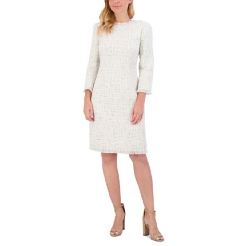 Eliza J. Women's Fringe-Trim Boucle Tweed Pencil Dress in Ivory Cream