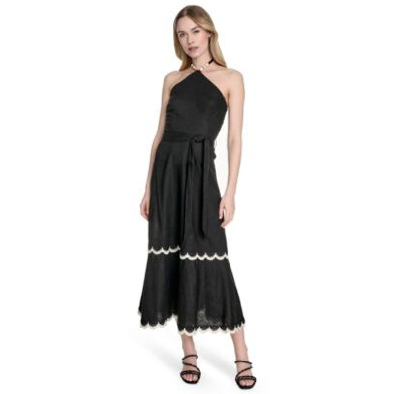 Eliza J Women's Beaded-Strap Midi Dress in Black w/ White Contrast Trim