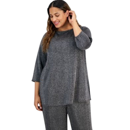 JM Collection Women's Plus Size 3/4-Sleeve Top in Metallic Deep Black