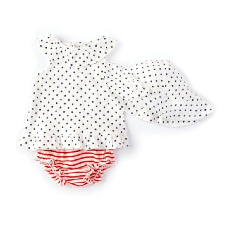 Starting Out 3PC Fourth of July Outfit, Red, White, & Blue Shirt, Bloomers & Hat