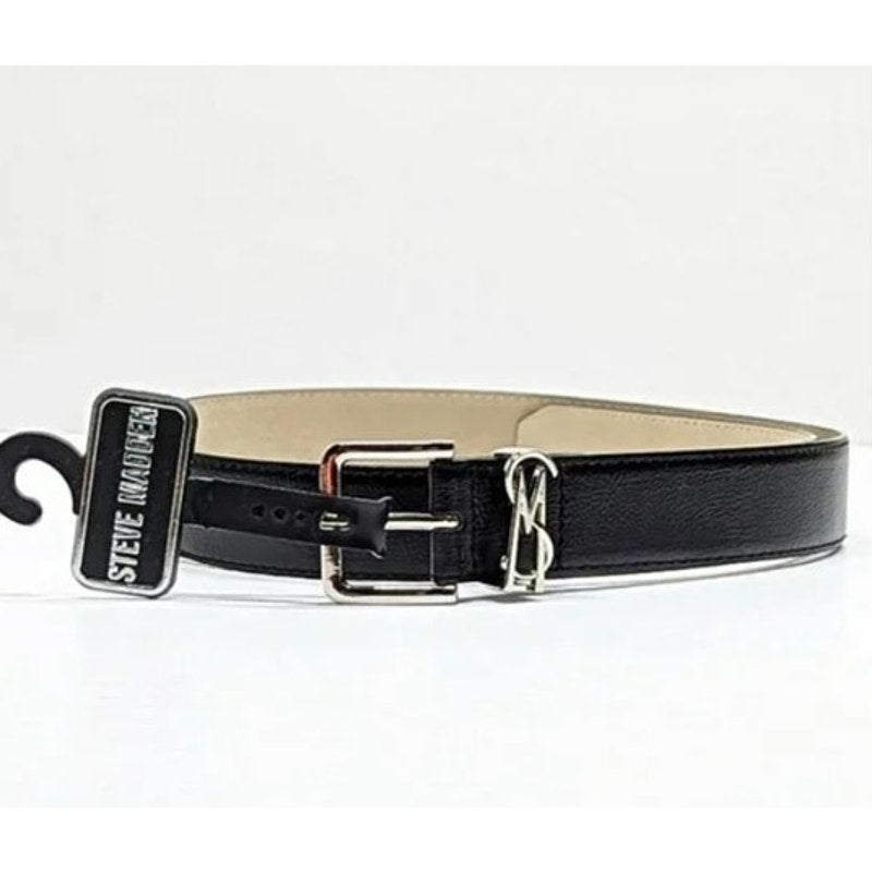 Steve Madden Ladies Black Leather Belt w/ Pale Gold Logo Buckle, Size Medium