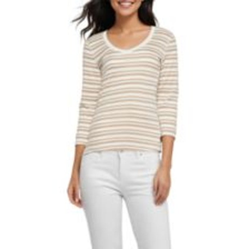 Three Dots Women's V-Neck 3/4-Sleeve T-Shirt in Light Beige Stripe