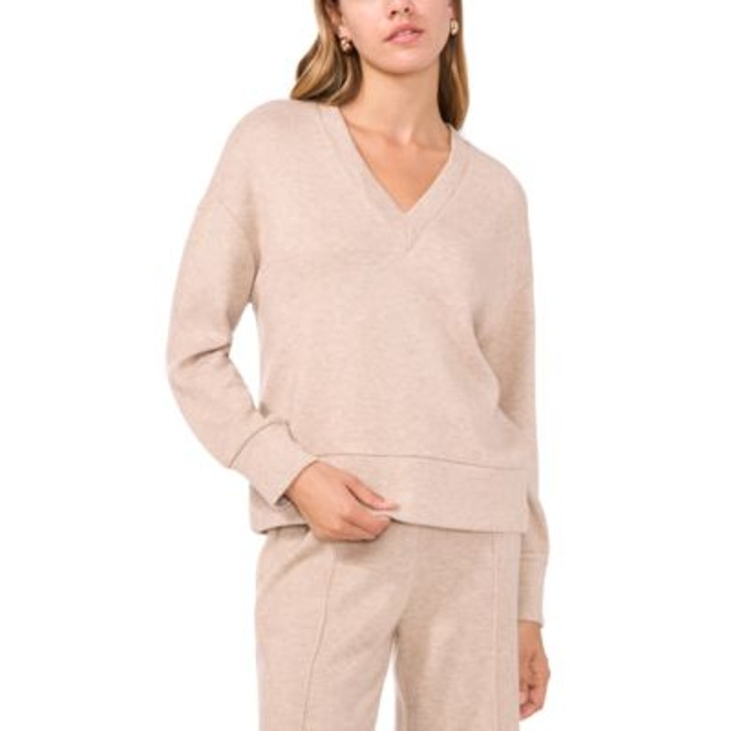 Vince Camuto Women's Brushed Knit V-Neck Sweater in Dusty Oatmeal Tan
