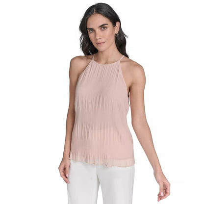 Calvin Klein Women's Pleated Chiffon Halter-Neck Top in Pink Pepper